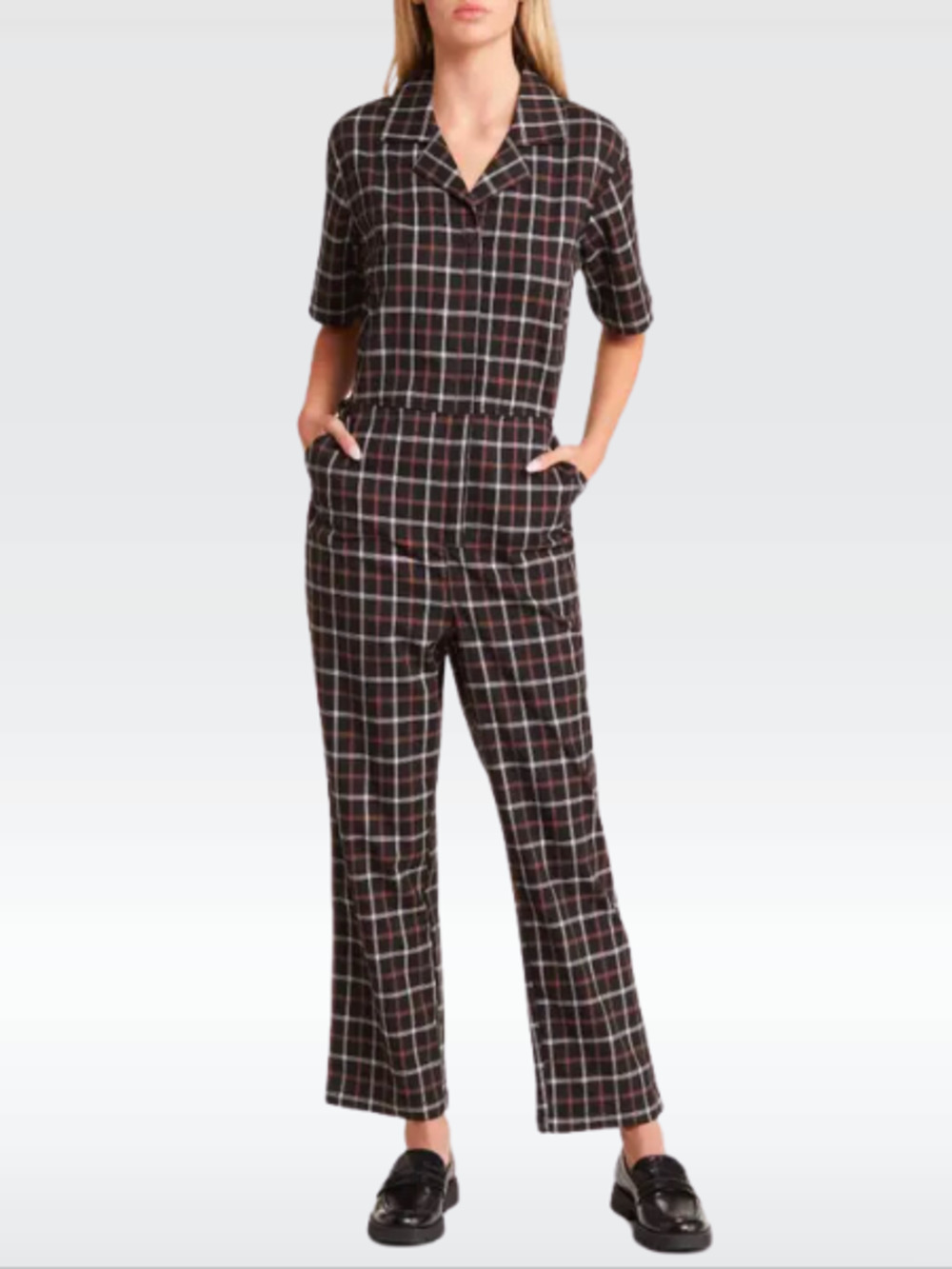 Brixton Oaks Short Sleeve Plaid Coverall Jumpsuit